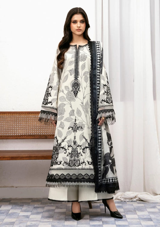Pure Lawn Black & White Embroidered Dress - LL214