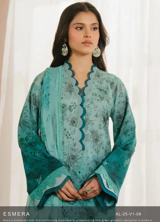 Pure Lawn Aqua Green Embroidered Dress - LL238