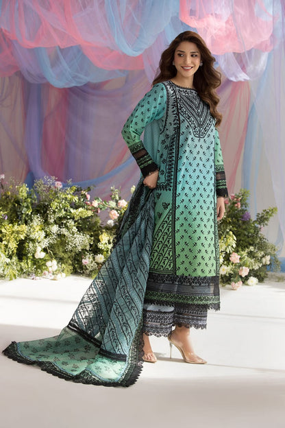 Pure Lawn Green Tie & Die Embroidered Dress - LL242