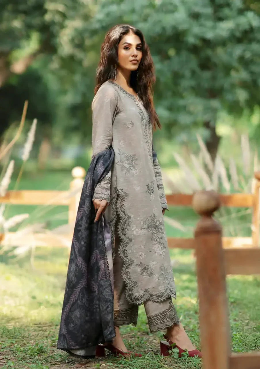 Pure Lawn Grey Blue Embroidered Dress - LL237