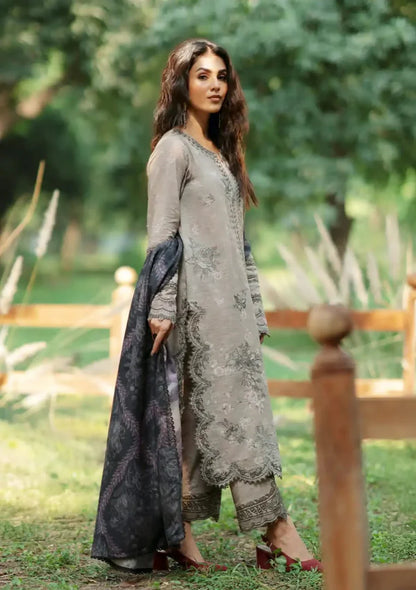 Pure Lawn Grey Blue Embroidered Dress - LL237