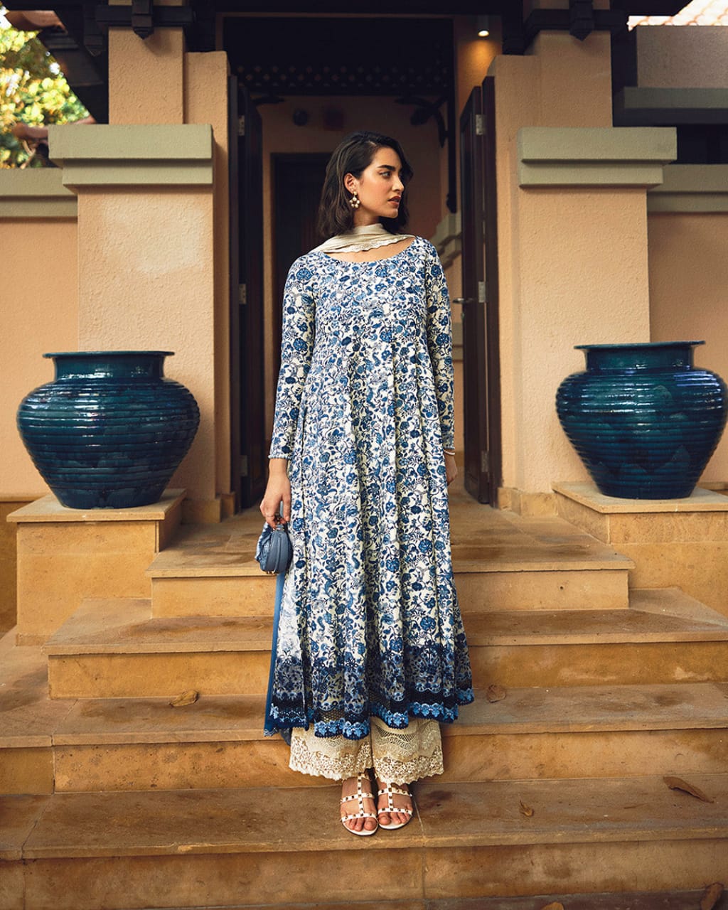 Pure Lawn White & Blue Embroidered Dress - LL307
