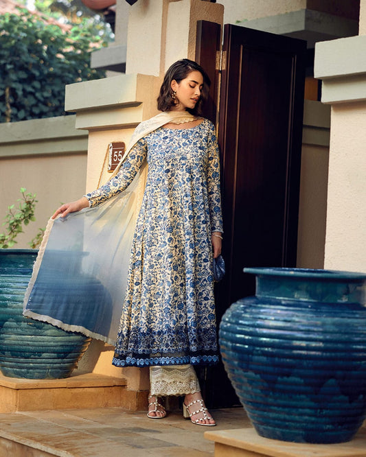 Pure Lawn White & Blue Embroidered Dress - LL307