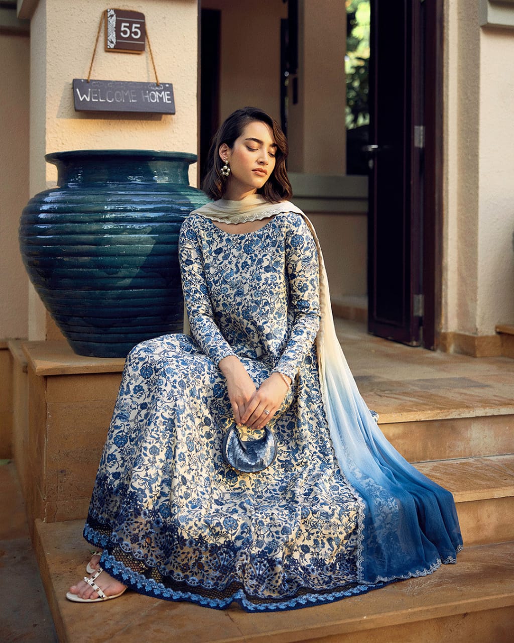 Pure Lawn White & Blue Embroidered Dress - LL307