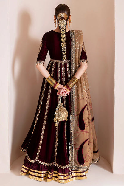 Pure Velvet Mahroon Embroidered Maxi Dress With Hand Bag - VC019