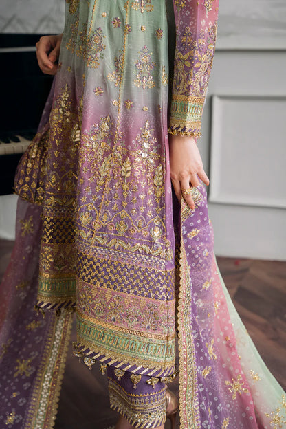 Pure Chiffon Triple Shaded Chunri Embroidered Dress - WW316