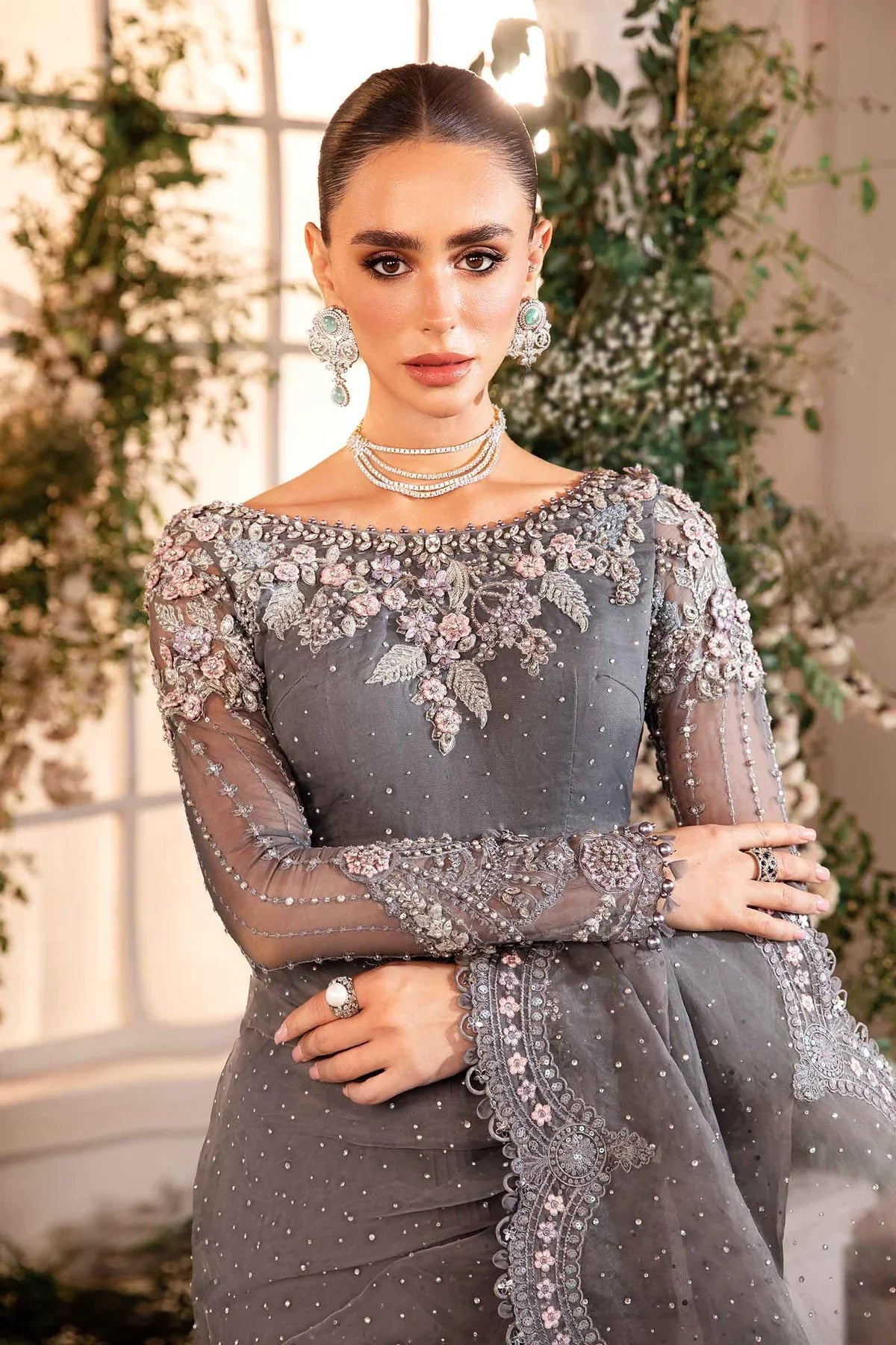 Pure Chiffon Stone Grey Embroidered Saree - WW263