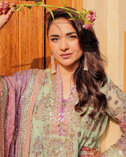 Pure Chiffon Green Formal Embroidered Dress : WW202