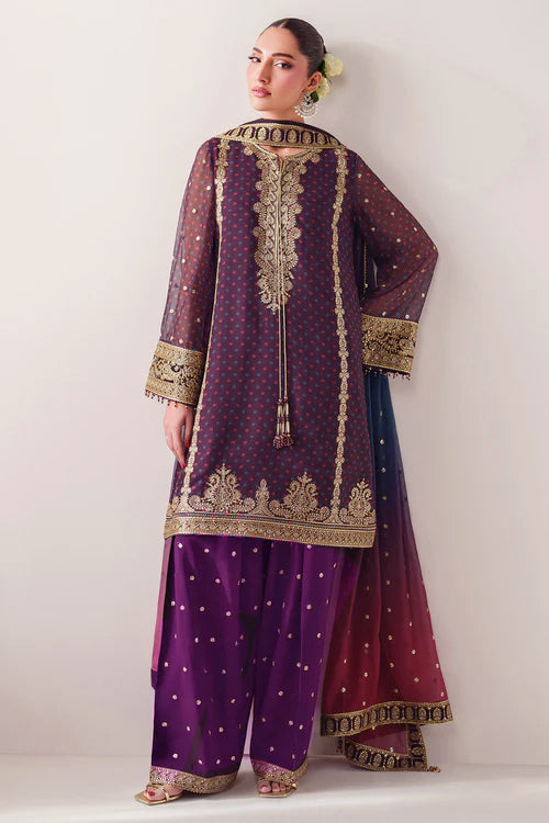 Pure Chiffon Plum Embroidered Dress - WW307