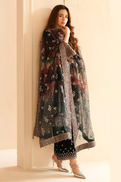 Pure Velvet Black Embroidered Dress with Hand Bag - VC015