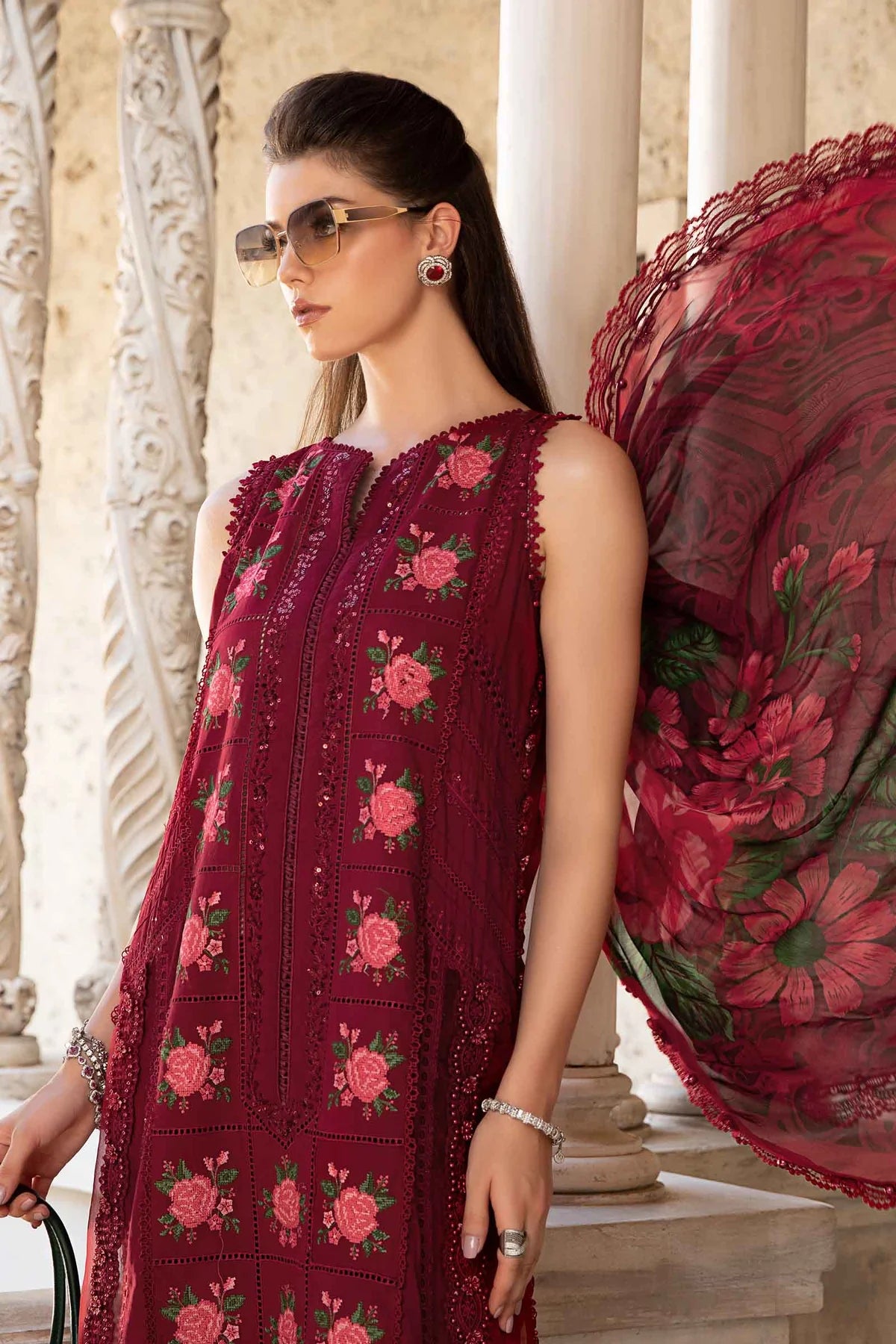Pure Lawn Mahroon Embroidered Dress - LL243