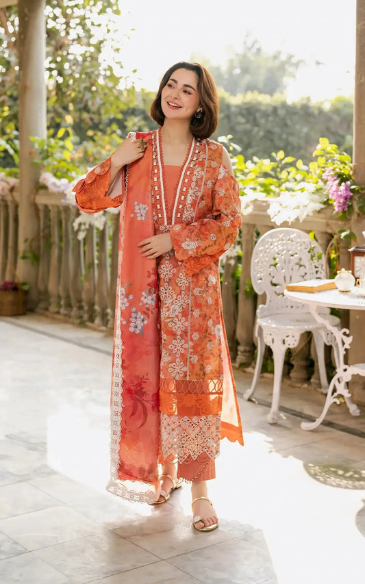Pure Swiss Lawn Orange Chickenkari Dress - LL247