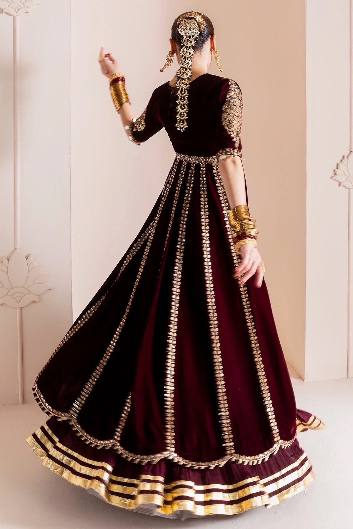 Pure Velvet Mahroon Embroidered Maxi Dress With Hand Bag - VC019
