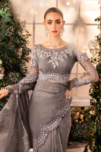 Pure Chiffon Stone Grey Embroidered Saree - WW263