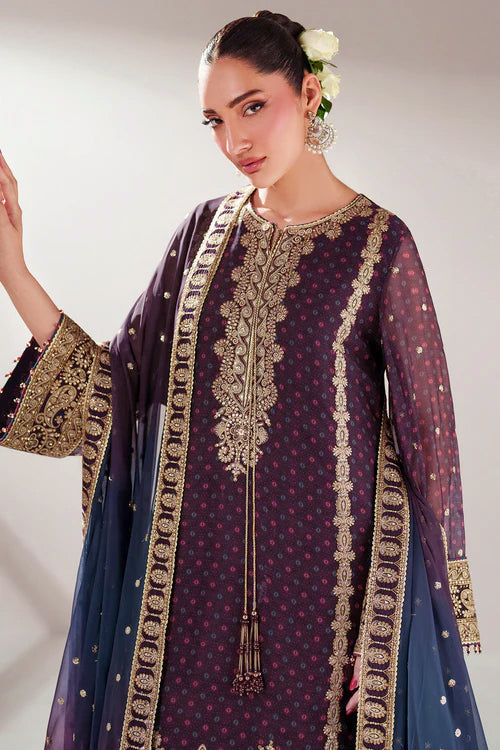 Pure Chiffon Plum Embroidered Dress - WW307
