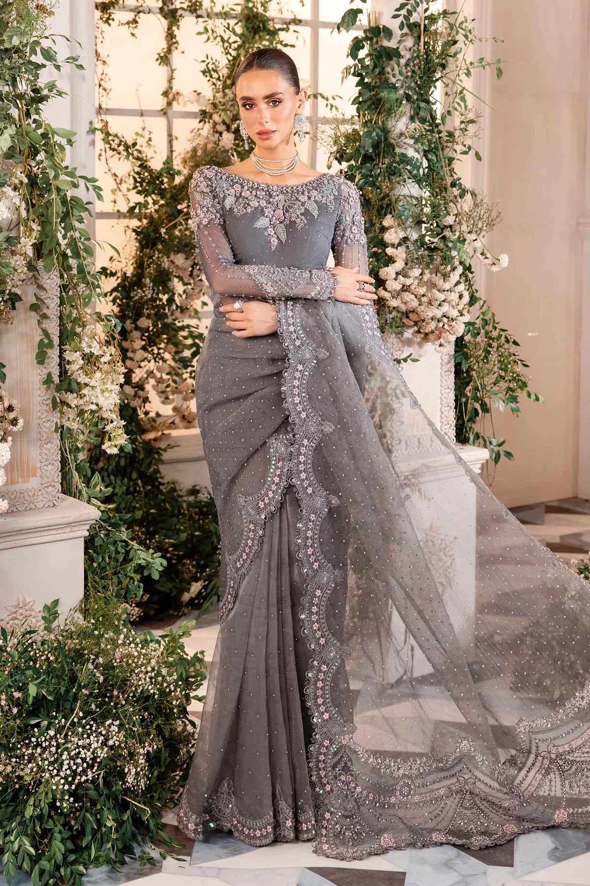 Pure Chiffon Stone Grey Embroidered Saree - WW263