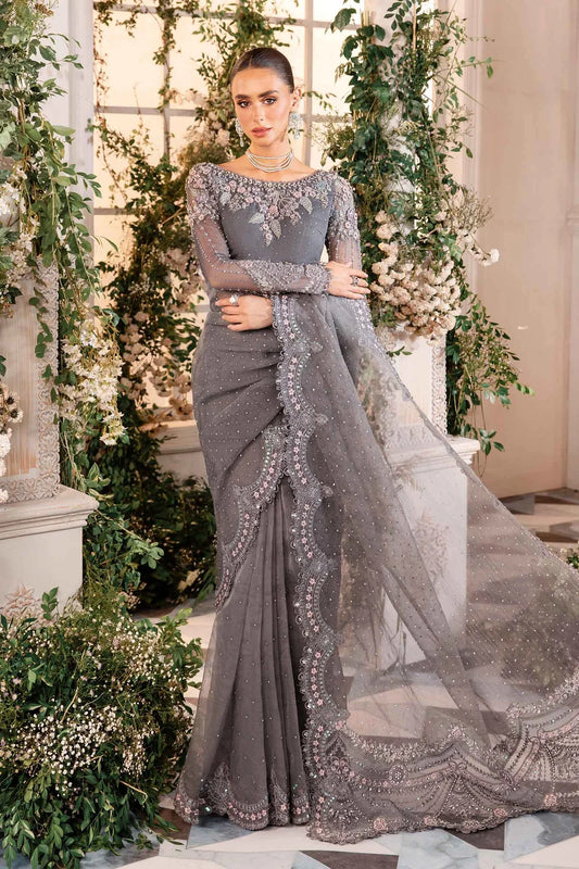 Pure Chiffon Stone Grey Embroidered Saree - WW263