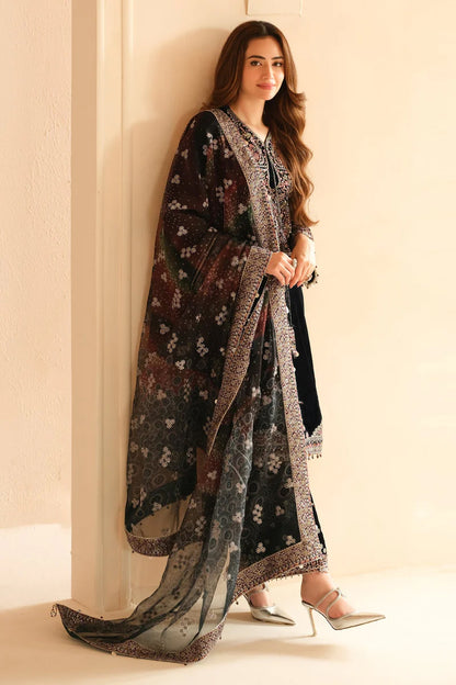 Pure Velvet Black Embroidered Dress with Hand Bag - VC015