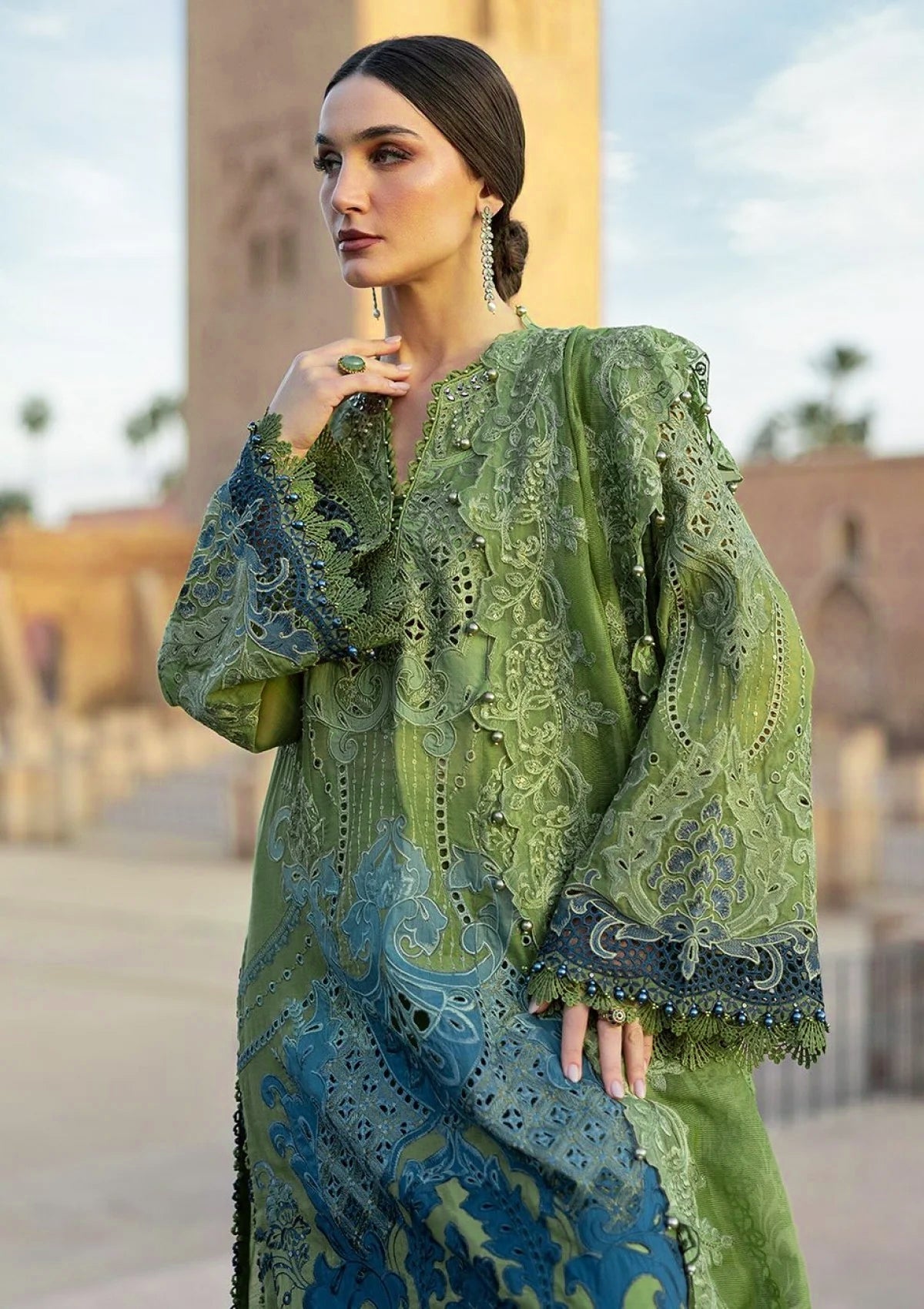 Pure Lawn Pista & Teal Blue Embroidered Dress : LL280