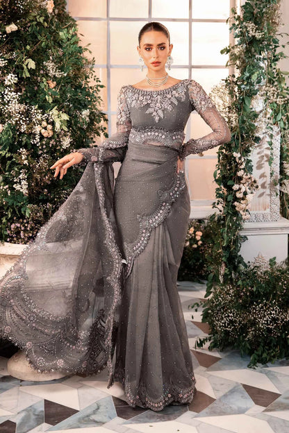 Pure Chiffon Stone Grey Embroidered Saree - WW263