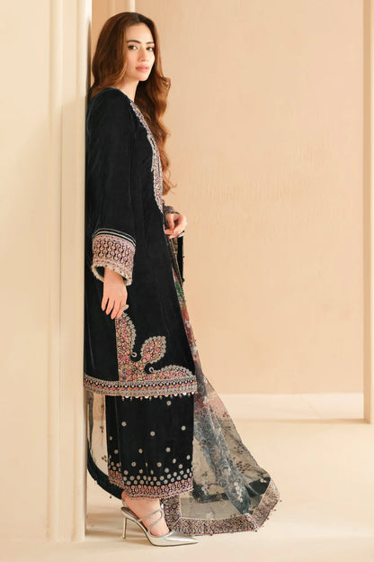 Pure Velvet Black Embroidered Dress with Hand Bag - VC015