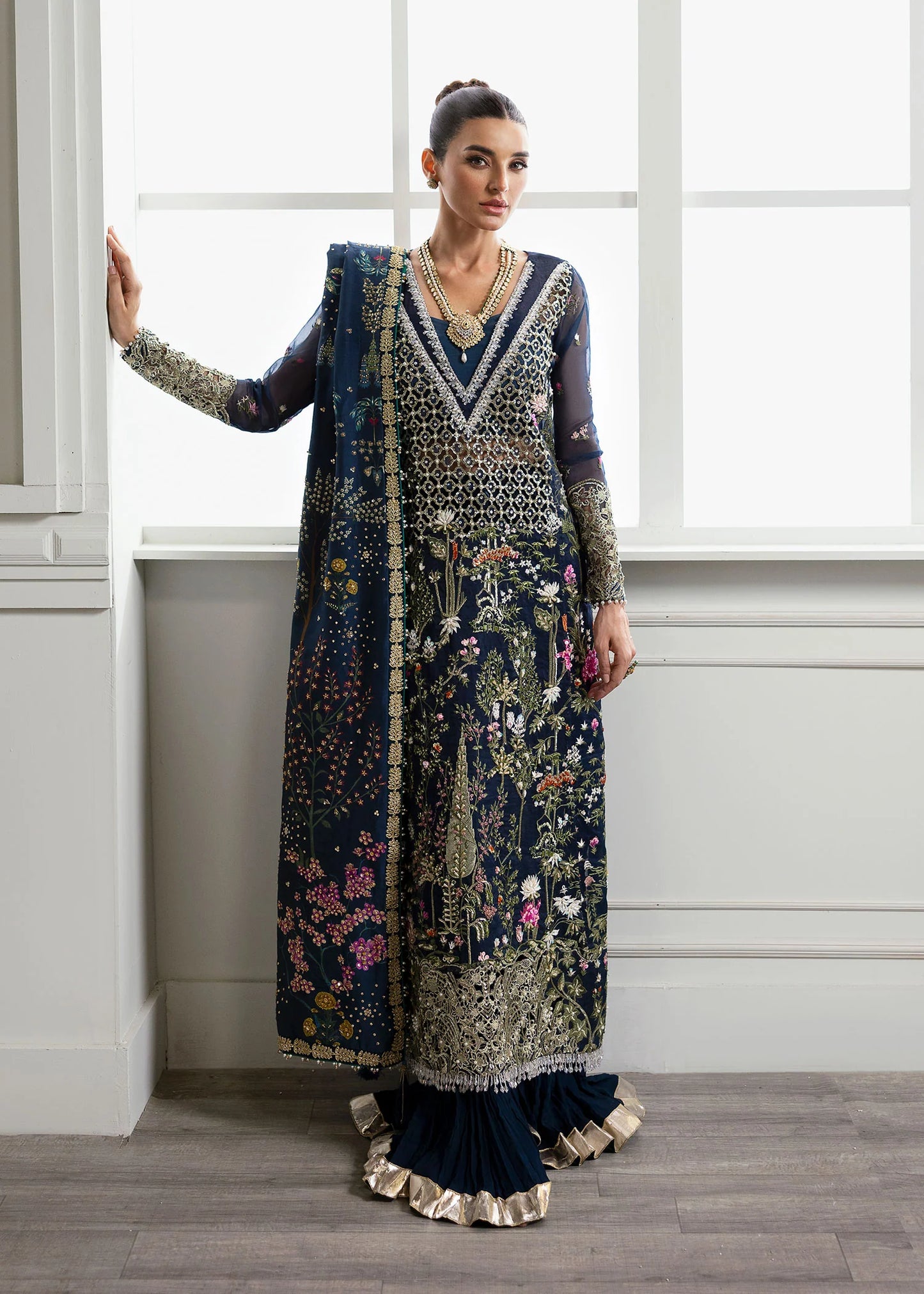 Pure Organza Midnight Blue Embroidered Dress : WW282