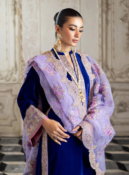Pure Velvet Royal Blue Embroidered Dress With Hand Bag - VC018