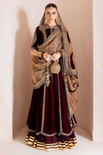 Pure Velvet Mahroon Embroidered Maxi Dress With Hand Bag - VC019