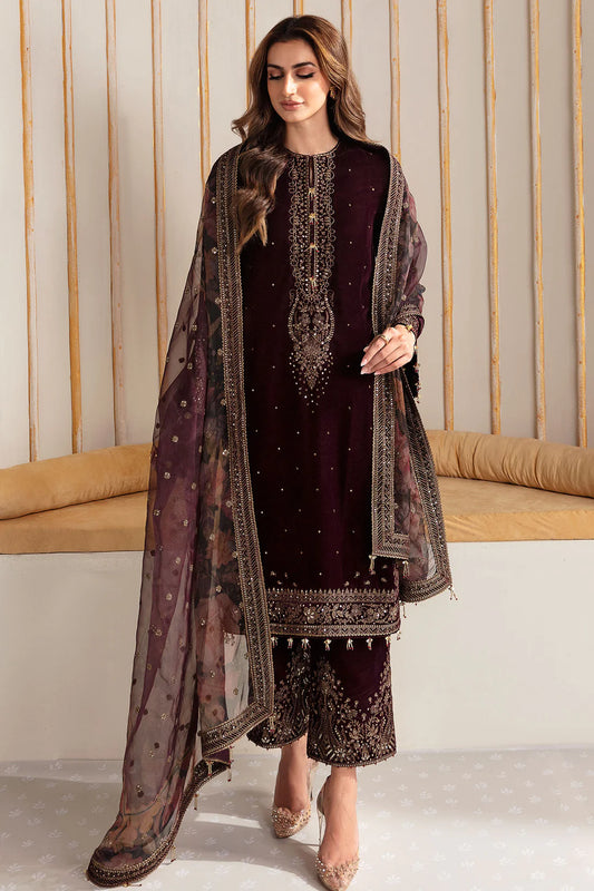 Pure Velvet Mahroon Embroidered Dress - VC023