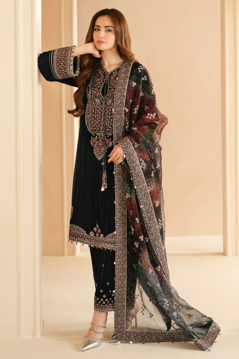 Pure Velvet Black Embroidered Dress with Hand Bag - VC015
