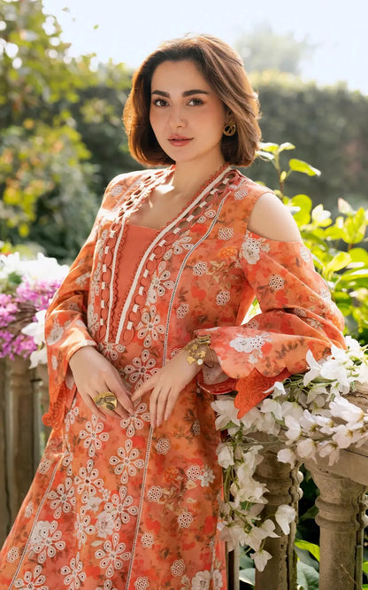 Pure Swiss Lawn Orange Chickenkari Dress - LL247