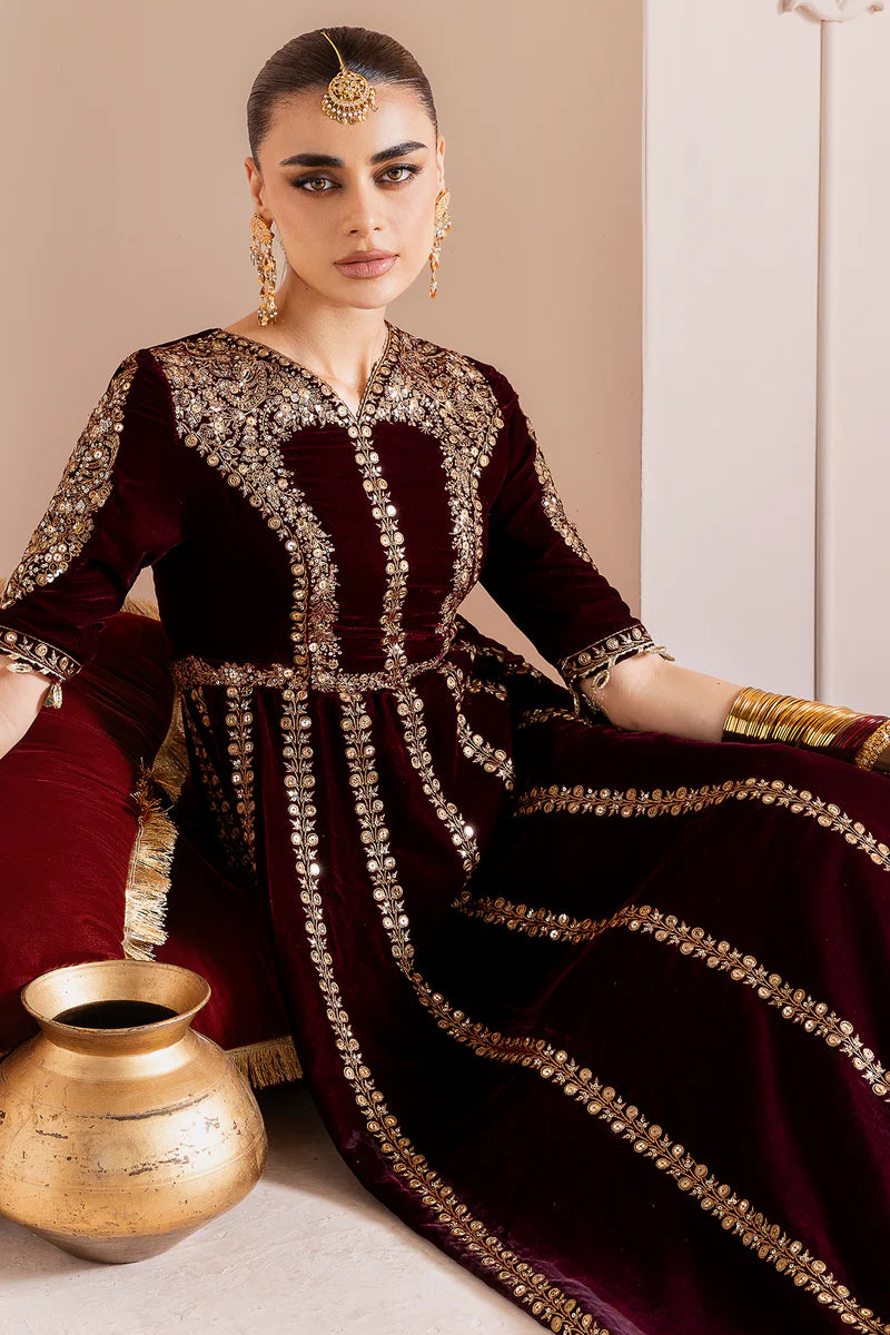 Pure Velvet Mahroon Embroidered Maxi Dress With Hand Bag - VC019