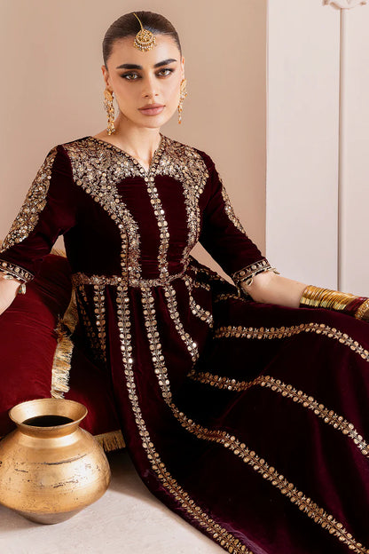 Pure Velvet Mahroon Embroidered Maxi Dress With Hand Bag - VC019
