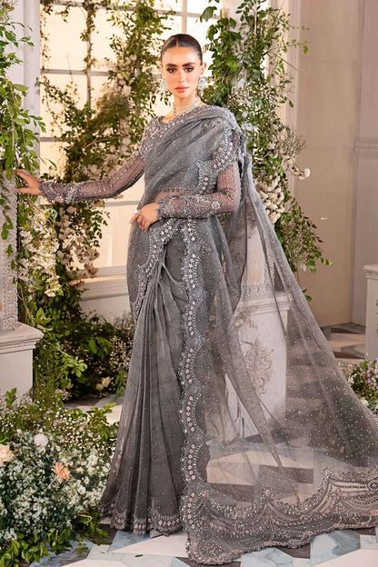 Pure Chiffon Stone Grey Embroidered Saree - WW263