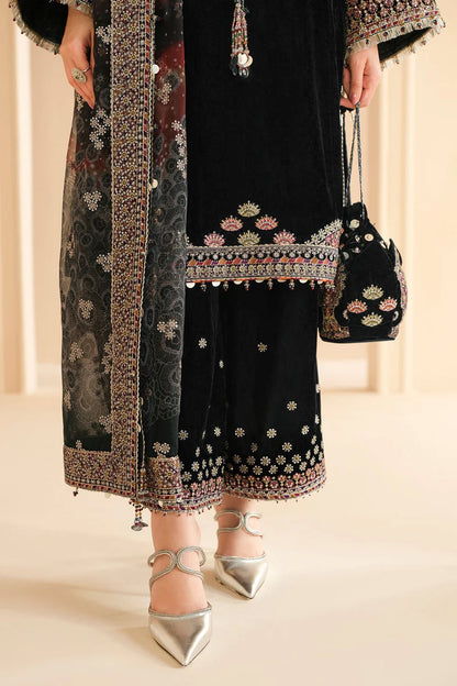Pure Velvet Black Embroidered Dress with Hand Bag - VC015