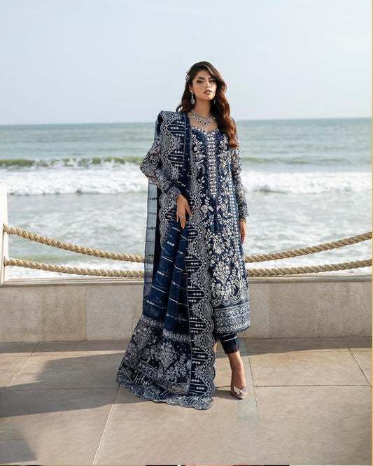 Pure Organza Navy Blue Embroidered Dress : WW205