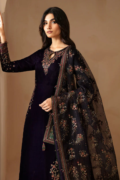 Pure Velvet Deep Purple Embroidered Dress - VC013