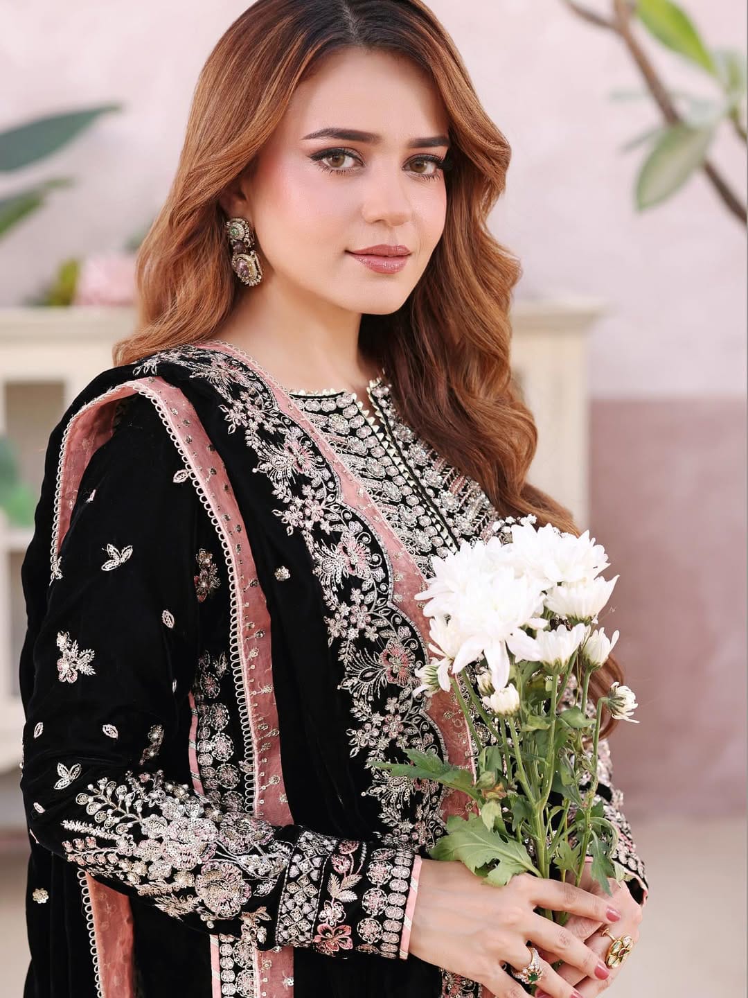 Pure Velvet Black Embroidered Dress With Velvet Shawl & Matching Clutch