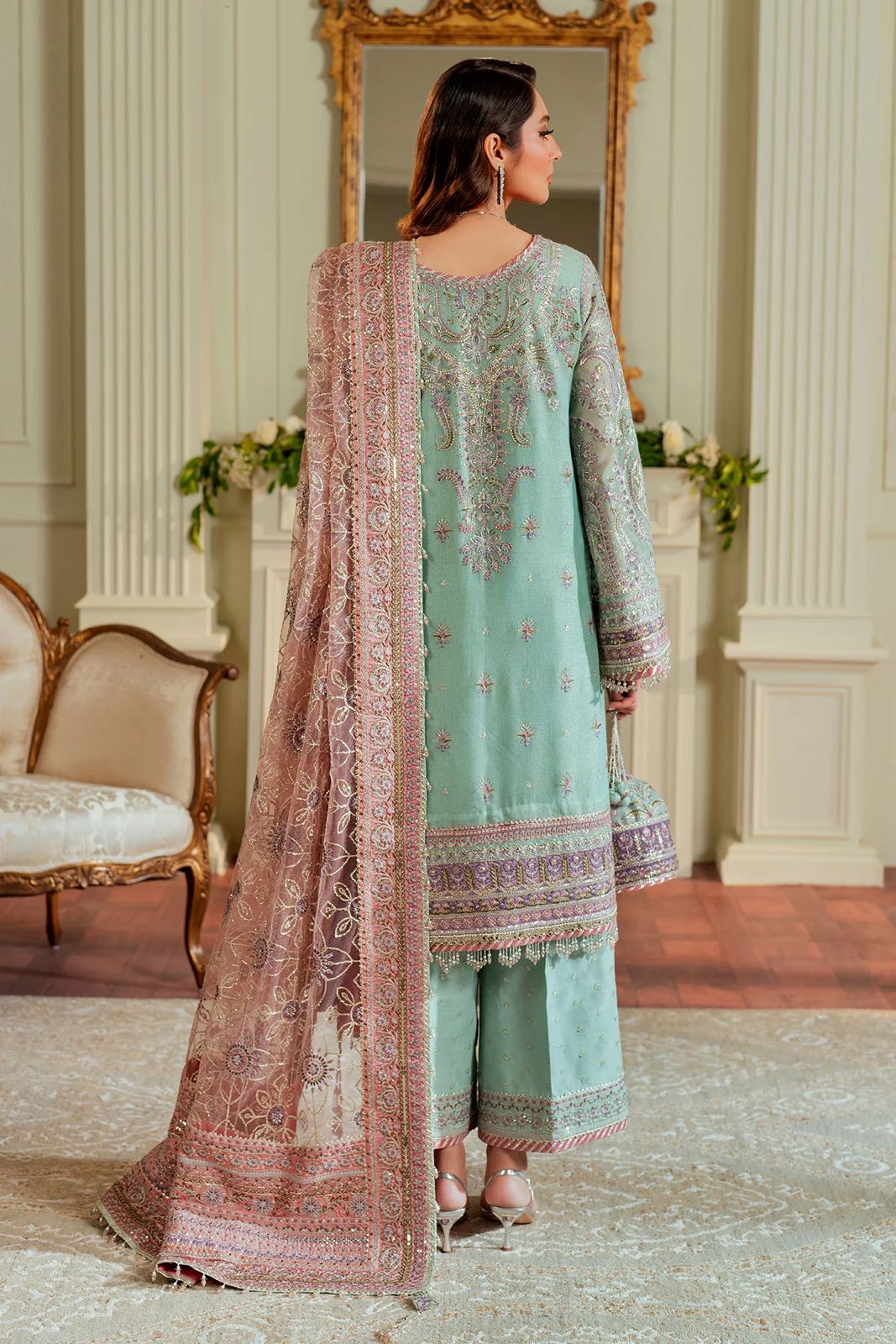 Pure Chiffon Sea Green Embroidered Dress - WW269