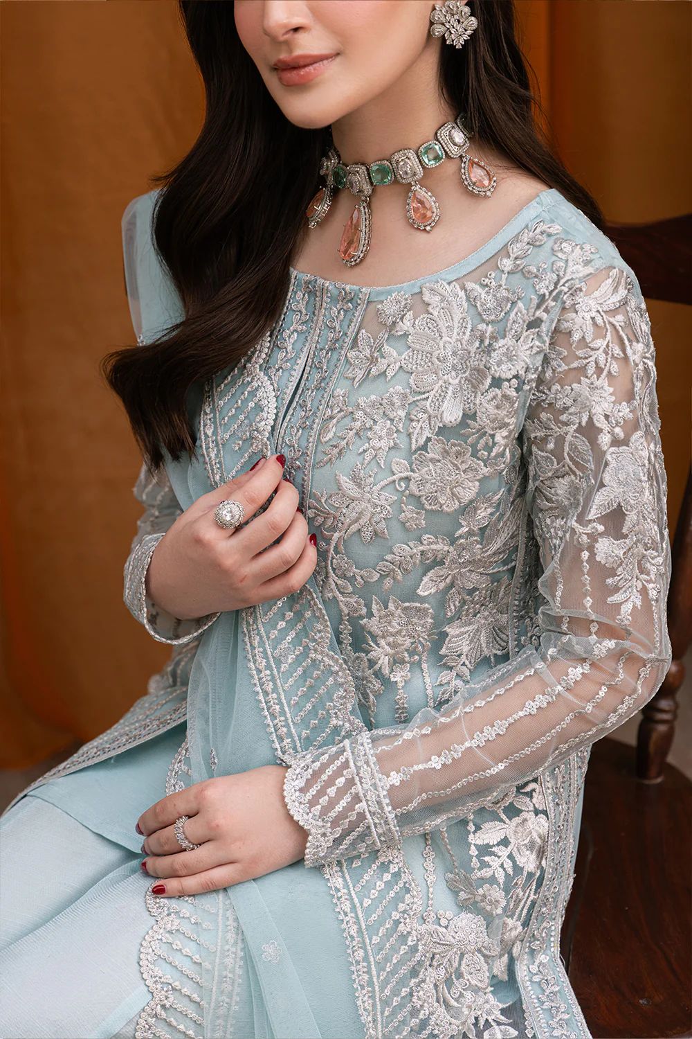Pure Chiffon Sky Blue Embroidered Dress - WW270