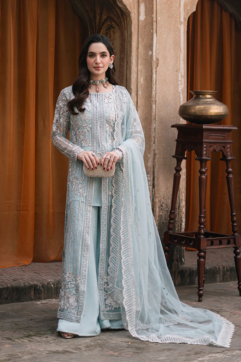 Pure Chiffon Sky Blue Embroidered Dress - WW270