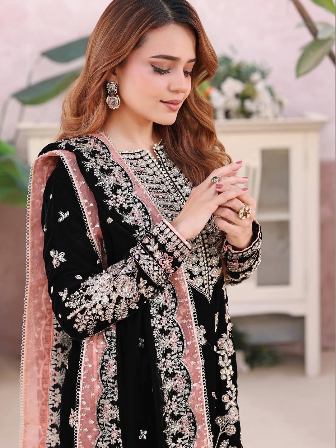 Pure Velvet Black Embroidered Dress With Velvet Shawl & Matching Clutch