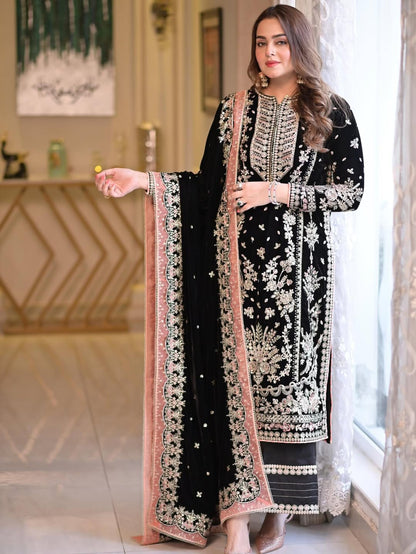 Pure Velvet Black Embroidered Dress With Velvet Shawl & Matching Clutch