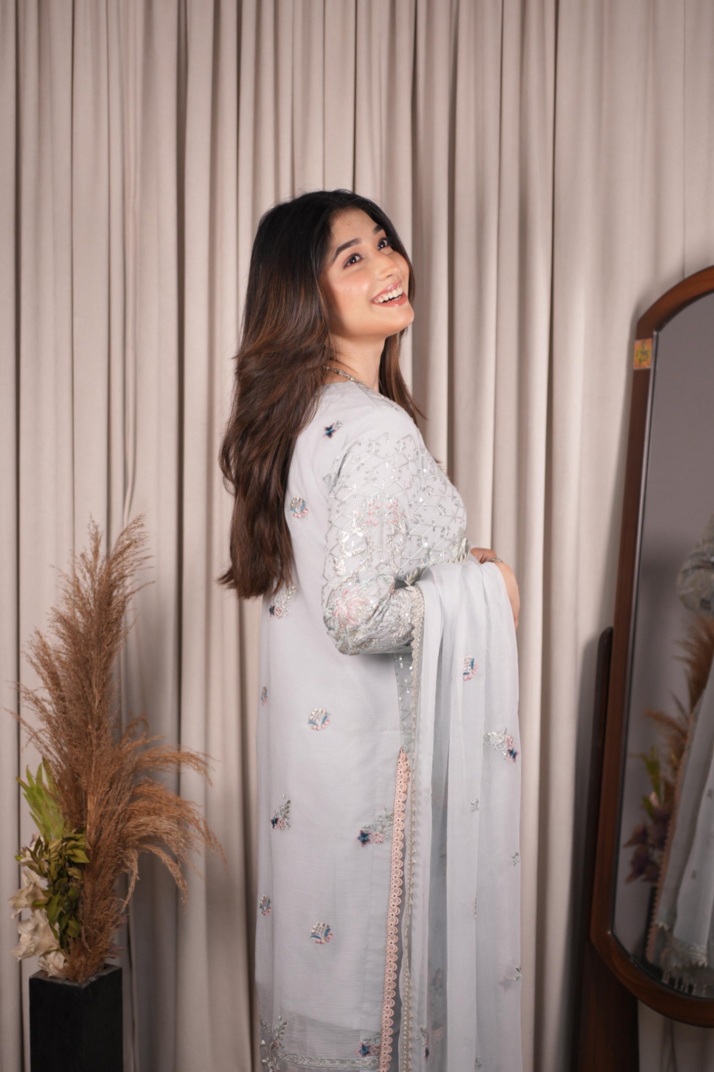 Pure Chiffon Grey Embroidered Dress - PW226