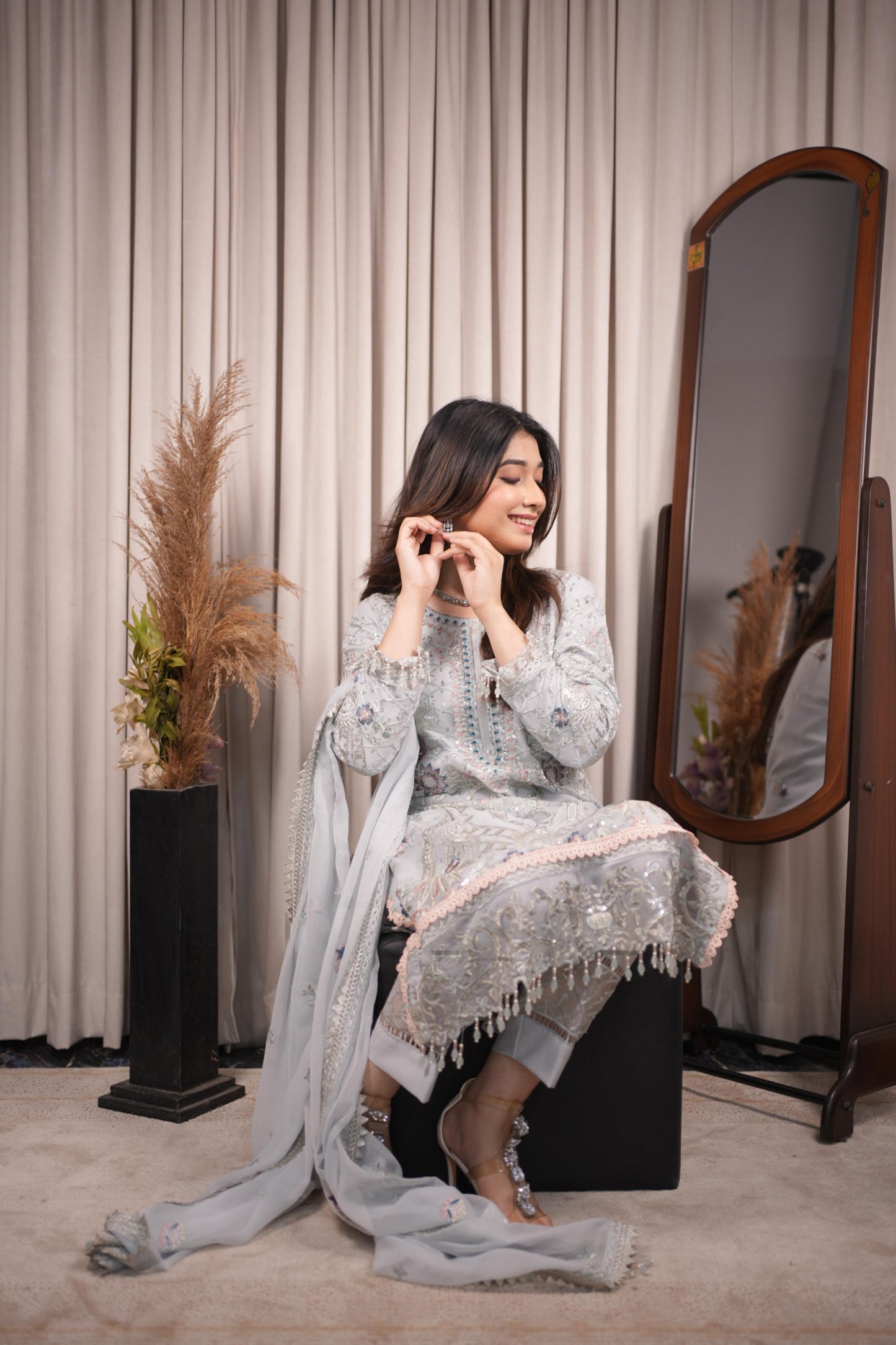 Pure Chiffon Grey Embroidered Dress - PW226